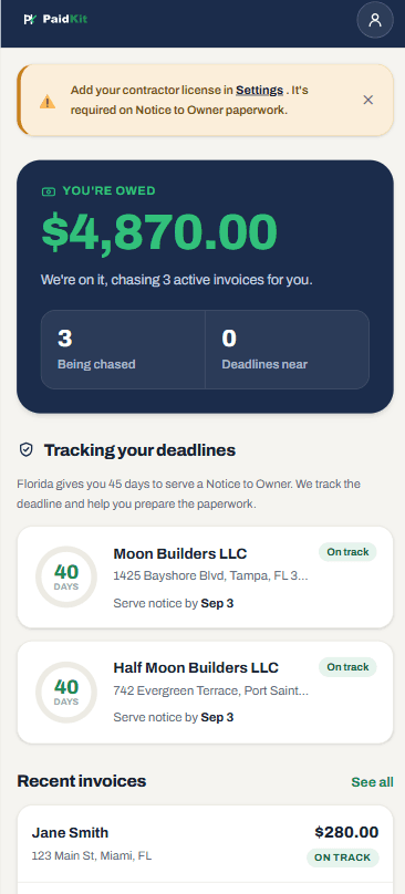 PaidKit dashboard on a phone